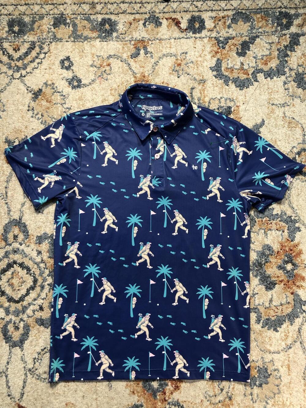 Tipsy Elves Polo Shirt Mens Small Blue Bigfoot Golf Novelty Print Short Sleeve